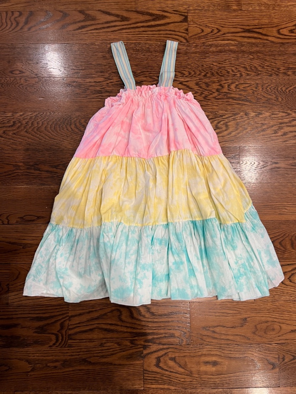 Pitusa Tie-Dye Tiered Sundress with Woven Striped Straps - Pink Yellow Aqua